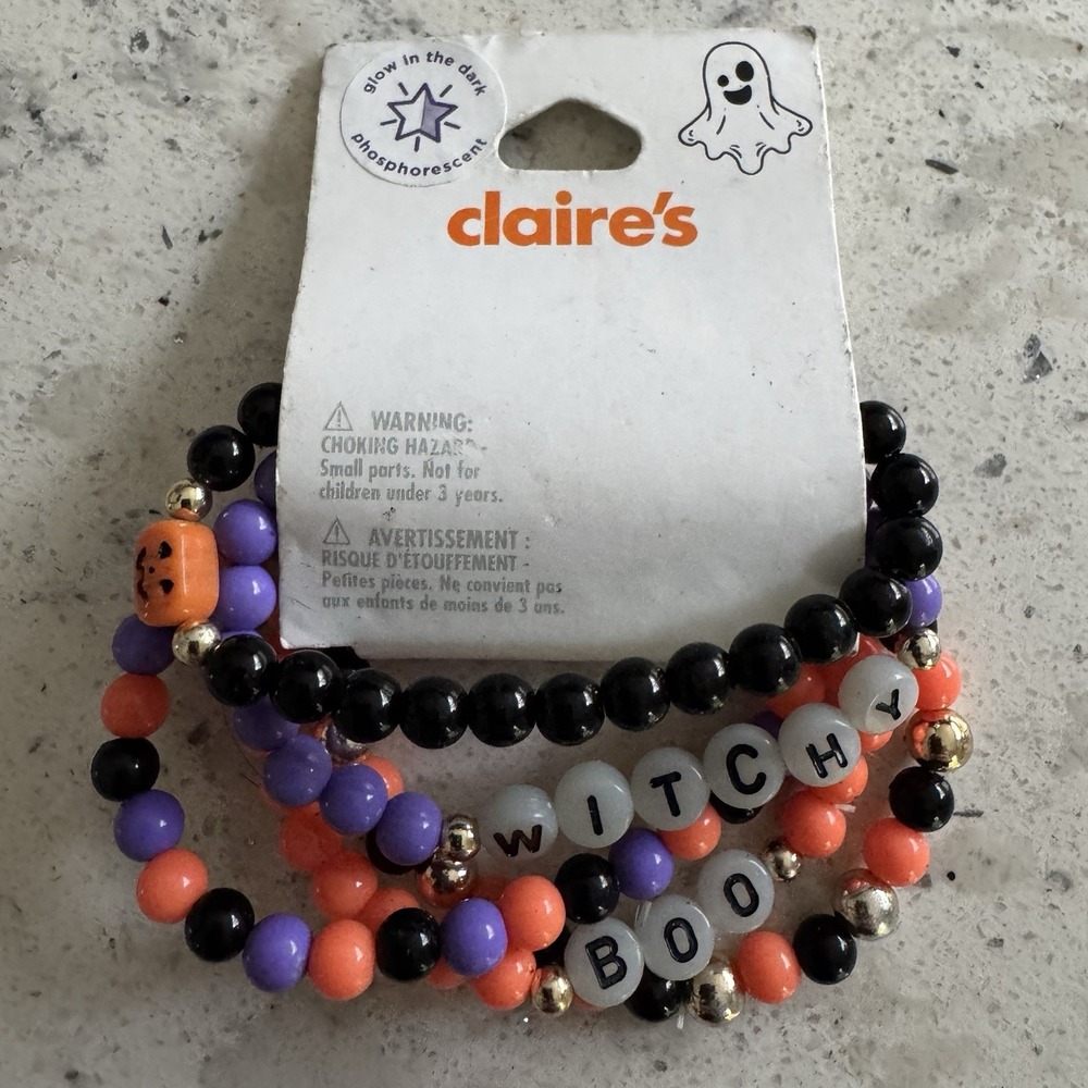 Claire's Halloween 5 Bracelet Set Orange Black Purple Witchy Boo Pumpkin Plastic - Picture 2 of 10